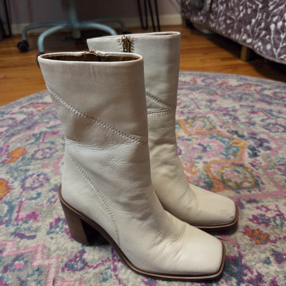 Franco Sarto Cream Leather Mid-Calf Block Heel Boots